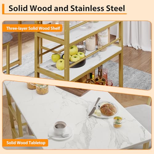 Dining Table Set for 2, Counter Height Kitchen Table and Chairs, Bar Table Set with 2 Upholstered Bar Stools, 3 Piece Dining Room Table Set for Small Space, Apartment, Gold