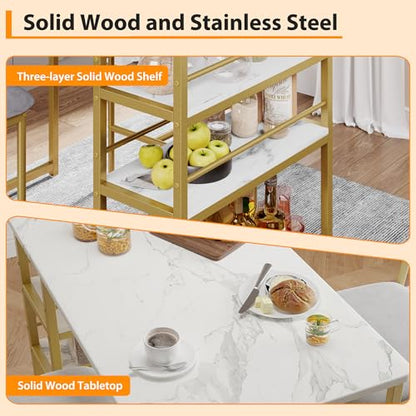 Dining Table Set for 2, Counter Height Kitchen Table and Chairs, Bar Table Set with 2 Upholstered Bar Stools, 3 Piece Dining Room Table Set for Small Space, Apartment, Gold