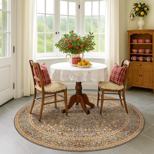 Washable 7ft Round Big Rugs for Living Room, Floral Circle Rug for Dining Room Under Table, Low Pile & Soft 7x7 Bedroom Carpet, Non Skid with Rubber Backing Stain Resistant (Brown) - color: Gold Brown, size: 7' (Round)