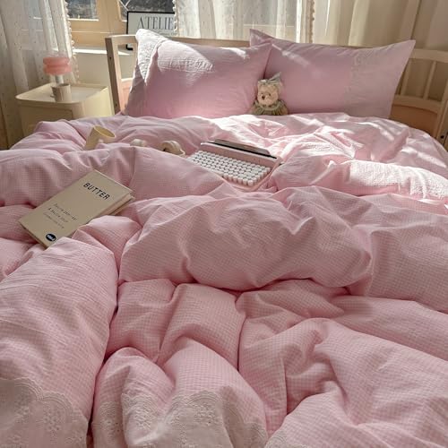 mixinni Pink Gingham Duvet Cover Twin Size - 3 Piece Cottagecore Plaid Bedding Set with Lace Trim, Soft Washed Microfiber Vintage Aesthetic Grid Comforter Cover & Pillow Shams, (Pink White Gingham) - color: 03 - Pink Gingham, size: Twin(68" x 86")
