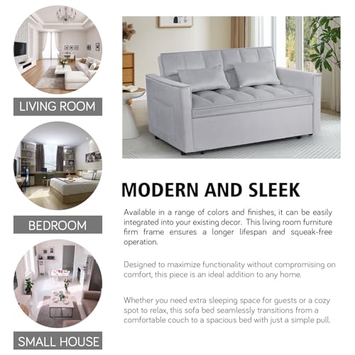 3 In 1 Velvet Convertible Sofa Bed, Pull Out Couch Bed with Reclining Backrest And 2 Pillows, 54" Full Size Loveseat Sleeper Sofa Futon Couch Beds, Couches For Small Spaces, Living Room (Silver Grey) - color: Silver Grey