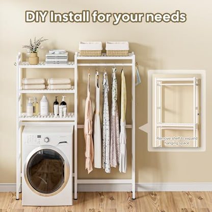 Cozivolife Over The Washer Dryer Storage Shelf: Bamboo 5 Tiers (White) | Laundry Room Drying Rack with Adjustable Shelves and 4 Hooks - Space Saver Organizer for Hanging Clothes and Towels - color: White