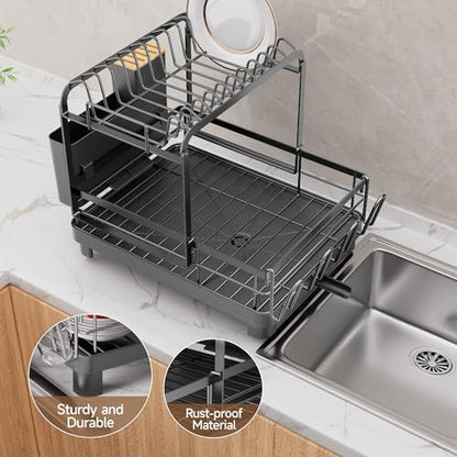 Runnatal 2-Tier Dish Drying Rack, Large Dish Drainers for Kitchen Counter | Anti-Rust Dish Rack with Drainboard, Utensil Holder, Extra Cup Holder, Black - color: Black, size: 2-Tier