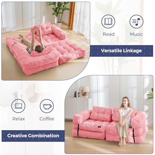 MAXYOYO Folding Sofa Bed, Convertible Chair Bed with Pillow | L-Shaped Floor Sofa with Armrest and Pillow, Foldable Portable Fold Out Comfy Chair Bed for Living Room Bedroom, Pink - color: Pink
