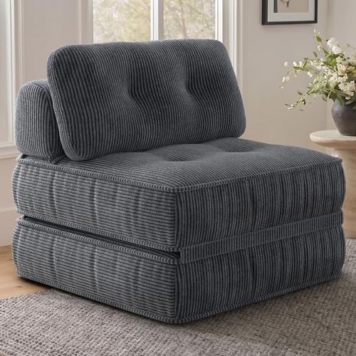 3-in-1 Boneless Folding Sofa Bed, Convertible Lazy Floor Couch with Headrest & Lumbar Pillow, Corduroy Fold Out Chair Bed with Memory Foam, No Assembly for Small Space, Living Room, Grey - color: Grey