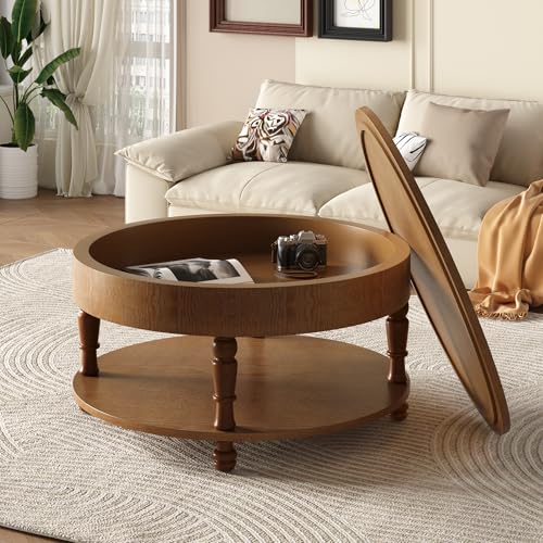 31.5" Round Coffee Table with Storage, 2 Tier Modern Center Table, Adjustable Leveling Feet, Easy Assembly, Wood Coffee Table for Living Room, Apartment, Small Space. (Walnut) - color: Walnut-n