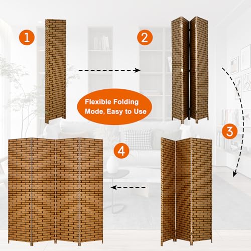 BLKMTY Room Divider, 6ft Folding Privacy Screens, Wall Divider Portable Room Seperating Freestanding Wood Screen, 4 Panels Hand-Woven Design Screen Double Hinged Dividers for Bedroom, Brick - color: Brick