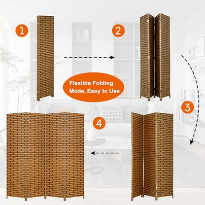 BLKMTY Room Divider, 6ft Folding Privacy Screens, Wall Divider Portable Room Seperating Freestanding Wood Screen, 4 Panels Hand-Woven Design Screen Double Hinged Dividers for Bedroom, Brick - color: Brick