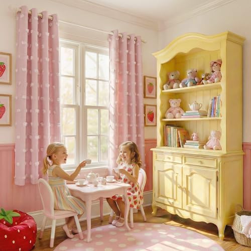 NICETOWN Crystal Pink Pom Pom Curtains for Nursery, Room Darkening Double Layer Sheer Drapes for Girls Room Decor, Grommet Thermal Insulated Window Treatments, W52 x L63, 2 Panels - color: Crystal Pink, size: 52"W x 63"L (Pack of 2)