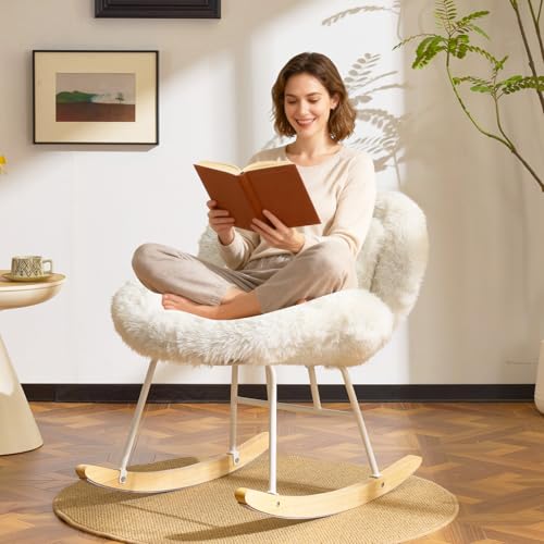 VINGLI 25.6" Extra Wide Criss Cross Nursery Rocking Chair,Cute Curved 115° Reclining Armless Glider,Plush Small Rocker w/Pillow & Solid Wood for Indoor,Bedroom, Living Room,Fluffy Fleece,White - color: Fluffy-white