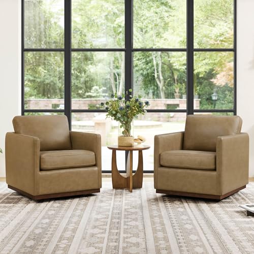 CHITA Genuine Leather Swivel Chair, Wood Frame, Fully Assembled, Mocha | Leather Arm Chair with 360° Swivel Solid Wood Base, Mid Century Modern Living Room Chair, 33"Dx30"Wx33"H, 300 Lb Capacity - color: Mocha