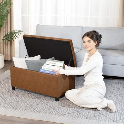 Storage Ottoman Bench, 32 Inches Faux Leather Rectangle Tufted Foot Stool for End Foot of Bed, Bedroom, Living Room,Warm Golden Brown - color: Warm Golden Brown