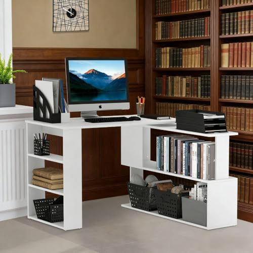 Writing Table Workstation L-Shaped Corner Desk, White | Particle board, laminated surface, 360° rotating design, large desk, 2-tier shelf