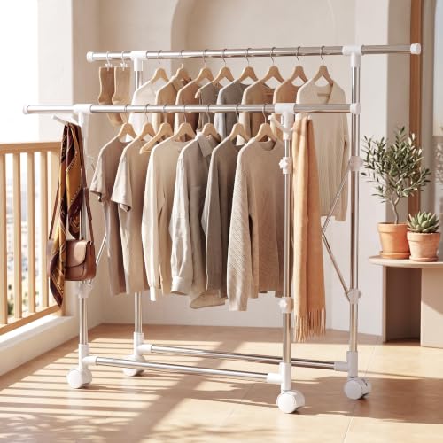 Clothes Drying Rack Foldable,Portable Laundry Collapsible | Folding Stainless Steel Standing Dry Rack for Outdoor Indoor Adjustable Double Rod with Wheels,Space Saving Rolling Dry Rack