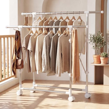 Clothes Drying Rack Foldable,Portable Laundry Collapsible | Folding Stainless Steel Standing Dry Rack for Outdoor Indoor Adjustable Double Rod with Wheels,Space Saving Rolling Dry Rack