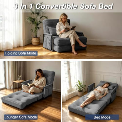 Futon Sofa Bed,Convertible Sofa Bed,Folding Boneless Couches | 3-in-1 Folding Sofa Bed,Boneless Couches for Living Room with Pillow & Side Pocket,High-density Foam,Single Sleeper,Grey - color: Dark Grey, size: Single