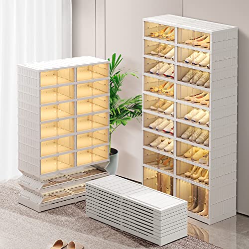 CIMLORD 9-Tier Foldable Shoe Rack, Magnetic Doors, 36 Pairs, White | Collapsible Plastic Shoe Cabinet, Stackable, Clear Doors, Bottom Wheels, Fits Boots, Easy Assembly, Closet & Entryway - size: 9 Tiers 36 Pairs