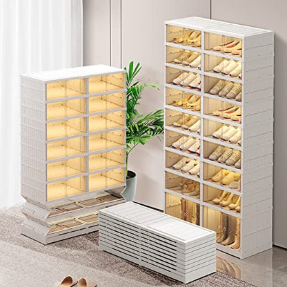 CIMLORD 9-Tier Foldable Shoe Rack, Magnetic Doors, 36 Pairs, White | Collapsible Plastic Shoe Cabinet, Stackable, Clear Doors, Bottom Wheels, Fits Boots, Easy Assembly, Closet & Entryway - size: 9 Tiers 36 Pairs