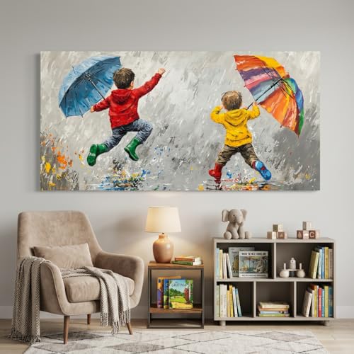 ZESTRILIA Joyful Kids Playing in Rain Canvas Wall Art, Rainbow Umbrella Children Oil Painting Print, Modern Colorful Impressionist Art for Nursery Bedroom Playroom Living Room (40x20 Inch) - color: Blue Children Umbrellas
