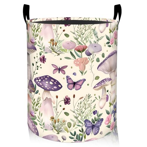 Mushroom Floral Laundry Basket, Oxford Cloth Pastel Dreamy Dirty Clothes Collapsible Hamper for Room Decor, Butterfly Flower Print Gifts Toy Organizer 19.7*15.7 Inch for Bedroom Bathroom Dorm - style: Mushroom