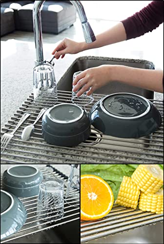 Tomorotec 17.7" x 15.5" Roll Up Dish Drying Rack Over Sink Drying Rack Sink Cover Kitchen Sink Accessories Gadget Multipurpose Organizer Foldable Stainless Steel Drainer (Grey) | Anti-Slip Silicone Rims For Grip, Heat-Resistant Trivet Mat Holding Heavy Co
