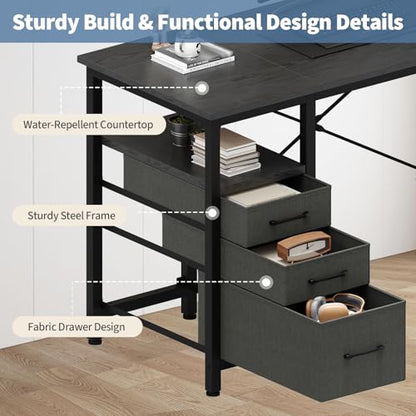 DUMOS 39 Inch Small Computer Desk with Storage, Fabric Drawers | Writing Table, Side Pocket, Space Saving Workstation, Home Office, Gaming Setup, Dorm Apartment, Black