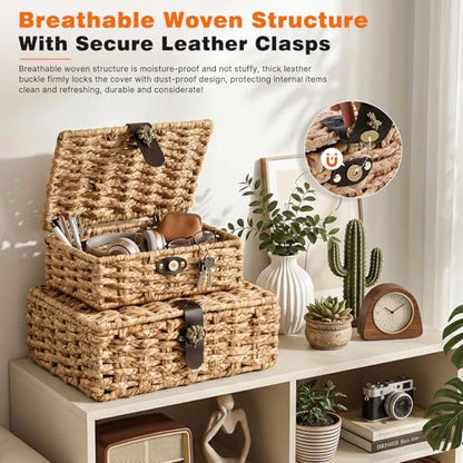 Water Hyacinth Wicker Storage Baskets with Magnetic Lids, Set of 2 | 2-Piece handwoven water hyacinth boxes with magnetic lids and metal frames for shelves, coffee tables, and consoles