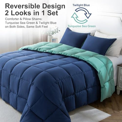 KASENTEX Twin/Twin XL Comforter Set – Reversible Dual Color – Goose Down Alternative – Ultra-Soft, Lightweight, Machine Washable, Fluffy, All Season Warmth (Turquoise Sea Green/Twilight Blue) | 250 GSM Fill, Ultra-Soft, Lightweight, Machine Washable, 1 Co