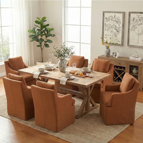 VKNOW Upholstered Dining Chairs Set of 6, Dining Room Chairs with Casters | Modern Rolling Dining Chairs with Armrest, Soft Chenille Fabric, Washable Cover, Easy Assembly, Living Room, Bedroom, Orange - color: Orange, size: 6