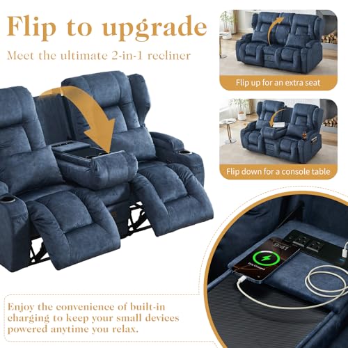 Loveseat Recliner Sofa,RV Wall Hugger Recliners with Flip-up Console,Reclining Loveseat Sofa Recliner with Cup Holders/Lumbar Pillows for Small Spaces,RV Furniture (Blue,68" 2-Seater) - color: Blue, size: 68" 2-Seater