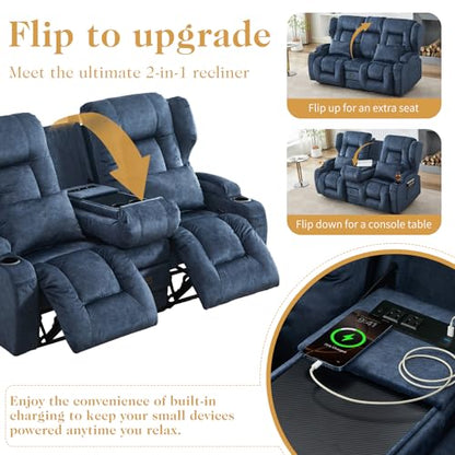 Loveseat Recliner Sofa,RV Wall Hugger Recliners with Flip-up Console,Reclining Loveseat Sofa Recliner with Cup Holders/Lumbar Pillows for Small Spaces,RV Furniture (Blue,68" 2-Seater) - color: Blue, size: 68" 2-Seater