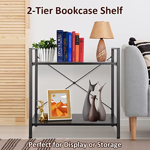 ZenStyle 2 Tier Small Bookshelf for Small Space, 2 Shelf Low Metal Bookcase Modern Industrial Shelving Unit for Bedroom, Living Room, Kitchen and Home Office, Black