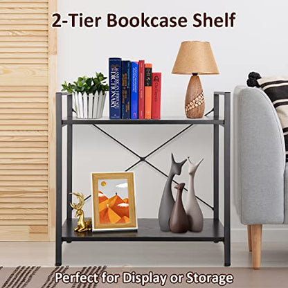 ZenStyle 2 Tier Small Bookshelf for Small Space, 2 Shelf Low Metal Bookcase Modern Industrial Shelving Unit for Bedroom, Living Room, Kitchen and Home Office, Black