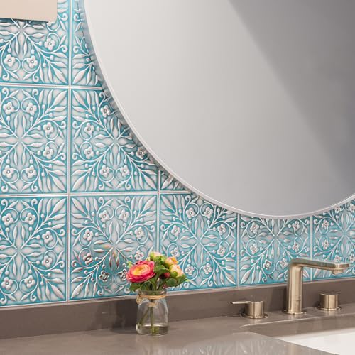 Peel and Stick Metal Tiles, Teal & Silver Leaves, 10-Pack | 8 x 8 in tile size; Covers up to 4.44 sq ft; Aluminum; Water-resistant surface; For kitchens, ceilings, DIY projects - style: Teal and Silver Leaves