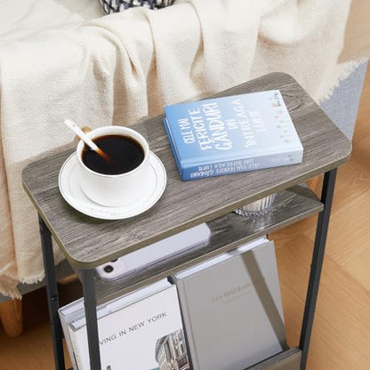 Narrow Side Table,3-Tier Slim End Table with Storage Shelf,Modern Sofa Table Thin Side Table for Narrow and Small Spaces, Skinny Bedside Table Small Nightstand with Magazine Rack Space Saving/Grey - color: Grey