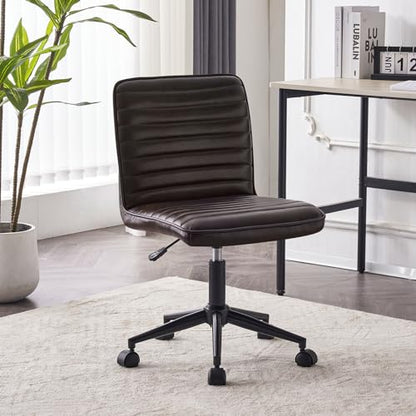 Furnimart Armless Swivel Rolling Desk Chair, Adjustable Faux Leather Vanity Chair with Gold Legs, Cute Task Chair with Wheels for Living Room Bedroom Studying Small Places (Black/Brown) - color: Leather-blackbrown