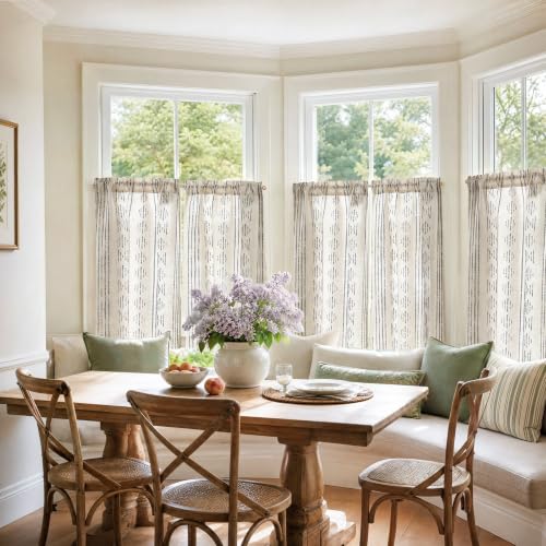 jinchan Boho Kitchen Curtains Linen Tier Curtains 36 Inches Bohemian Cafe Small Drapes Striped Mudcloth Farmhouse for Bathroom RV Camper Light Filtering Rod Pocket 2 Panels Black on Beige - color: Boho Black on Beige, size: 26"W x 36"L (Pack of 2)