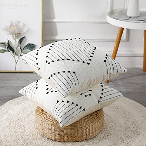 PANOD Knitted Boho Tufted Throw Pillow Covers with Tassel 20x20 inch, Decorative Indoor Outdoor Bohemian Square Cushion case Pillowcase for Couch Sofa Bedroom car Farmhouse Black and Cream White - color: Ivory, size: 20" x 20" (Pack of 1)