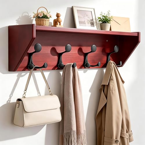 SKOLOO Wall Shelf with Hooks, 24-Inch Cherry Coat Rack Wall Mount with Shelf Organizer - Heavy Duty, 4 Tri Hooks - Perfect for Entryway, Hallway, Living Room, Bedroom, Mudroom - color: Cherry, size: 24 inch with 4 hooks