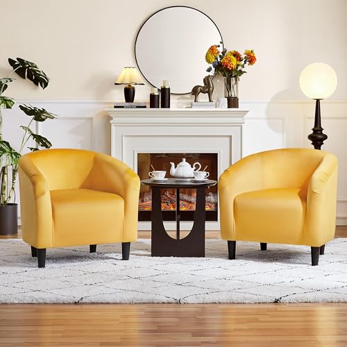 Yaheetech Compact Velvet Accent Chairs Set of 2 for Bedroom, Yellow | Compact Cozy Barrel Chairs with a Curved Silhouette, Upholstered Furry Armchair for Small Spaces, Living Room Bedroom Corner - color: Yellow (Velvet), style: without Ottoman