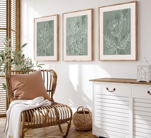 3Pcs Sage Green Botanical Wall Art Line Drawing Floral Canvas Poster Prints Modern Abstract Minimalist Picture Neutral Boho Artwork Simple Painting Wall Decor for Living Room Bedroom 12x16in Unframed - color: Poster, size: 16"L x 12"W