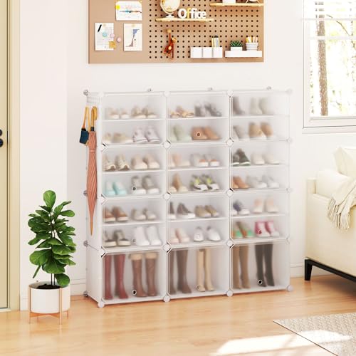 Tangkula 48 Pairs Shoe Rack Organizer, 12-Cube Shoe Storage Cabinet with Removable Shelf, 5 Hanging Hooks, DIY Shoe Shelves with Doors, 24 Tiers Free Standing Shoe Tower Rack for Entryway (White)