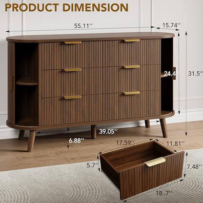 Decofy Fluted 6 Drawers Dresser, 55'' Wide Mid Century Modern Chest of Drawers with Sliding Door & Metal Handles, Curved Profile & Sturdy Legs, Wood TV Stand for Bedroom, Living Room (Walnut)