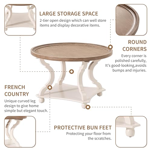Round Farmhouse Coffee Table with Handmade Finish, Wood Tray Top Rustic Coffee Table for Added Thickness, Accent Table with Storage for Living Room, Small Place, White, Circle - size: 1-Pack Coffee Table