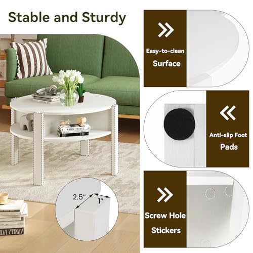 GIANTEX Round Coffee Table, Mid Century Modern Center Table (White) | 2-Tier Storage Shelves & 4 Side Compartments, Wood Coffee Table for Living Room, Small Spaces - color: White