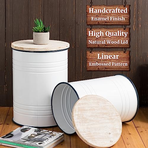 Glitzhome Rustic Storage Ottoman Seat Stool, Farmhouse End Table, Galvanized Dark Blue Rim Imitation Enamel Accent Side Table Toy Box Bin with Round Wood Lid for Living Room, Set of 2, White - color: White