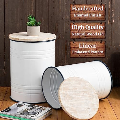 Glitzhome Rustic Storage Ottoman Seat Stool, Farmhouse End Table, Galvanized Dark Blue Rim Imitation Enamel Accent Side Table Toy Box Bin with Round Wood Lid for Living Room, Set of 2, White - color: White