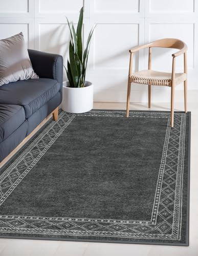 Lahome Modern Bordered Machine Washable Rug, Ultra-Thin Soft 3x5 Rugs for Bedroom Entryway Living Room, Non-Slip Stain Resistant Small Carpet for Laundry Entry（3'x 5',Gray - color: Grey, size: 3' x 5'