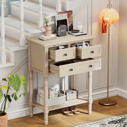 Knocbel Narrow Console Table with 3 Storage Drawers and Bottom Shelf, Entryway Hallway Foyer Slim Sofa Table for Small Spaces, Easy Assembly (Beige) - color: Beige