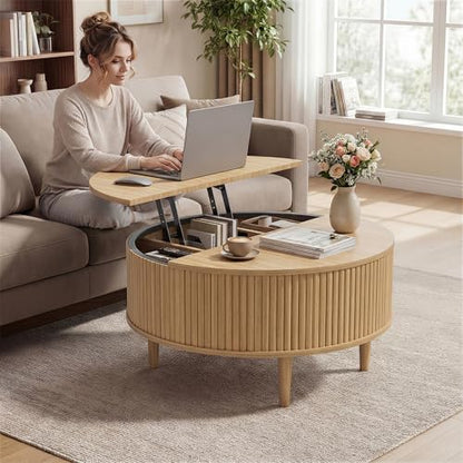 31.5" Round Coffee Table with Lifting Top, Storage for Living Room, Oak | Fluted Center Table, Mid Century Modern Design for Home Office and Small Space with 4 Hidden Compartments - color: Oak